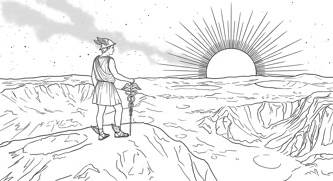An engraving of Mercury standing on a lunar ridge with caduceus in hand, sun rising over the horizon.